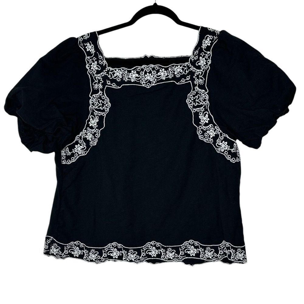 Anthropologie Blouse‎ Women Medium Black  Embroidered Bohemian Boho Top Holiday